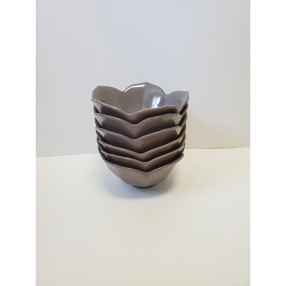 Vintage Pier 1 Lotus Flower Bowls Taupe/Brown Porcelain Set of 6 Cottagecore